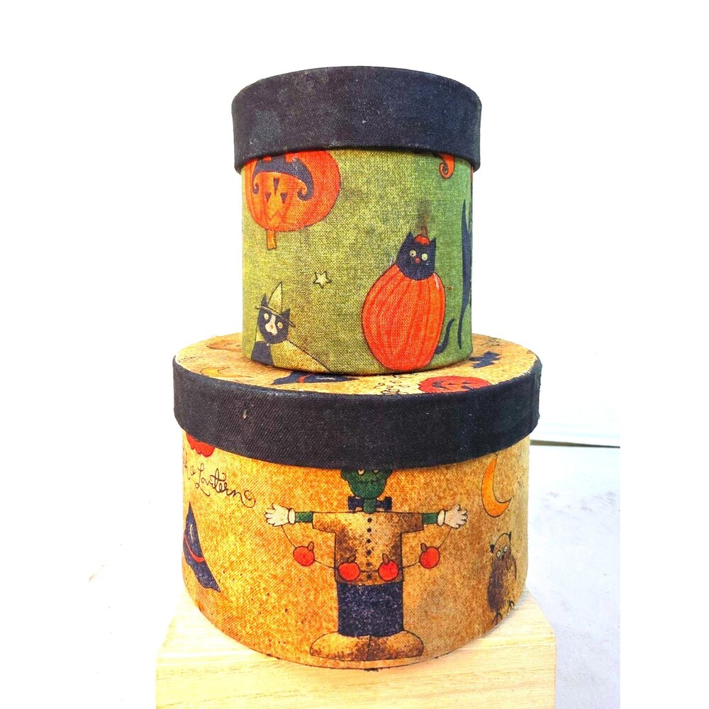 NOS Set Of 2 Folk Art Primitive Halloween Storage Boxes Decor